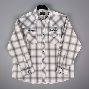 Wrangler Jack Daniel’s Western Shirt Pearl Snap Plaid Embroidered XXL Gray White